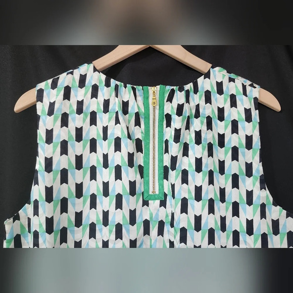 Green Blue Geometric Womens Silk Blend Top Size L Eclectic Artsy Contemporary - Picture 4 of 7
